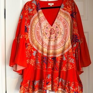 Anthropologie Red Floral V-Neck Tunic